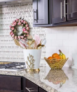 Inspire Me! Home Decor White Ceramic Utensil Holder With Gold Textured Details & Base " From Pops Of Color Home Collection"