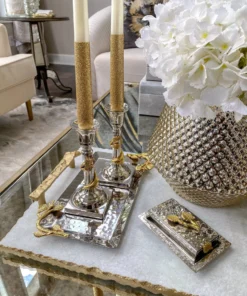 Inspire Me! Home Decor Silver Hammered Candlestick Set With Matching Tray