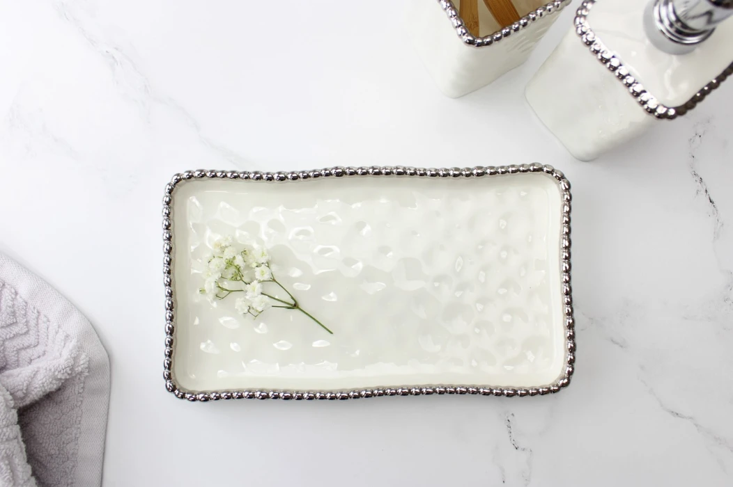 Inspire Me! Home Decor White & Silver Beaded Vanity Collection (3 Items) Each Sold Indiviually