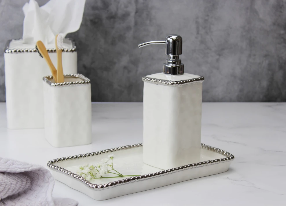 Inspire Me! Home Decor White & Silver Beaded Vanity Collection (3 Items) Each Sold Indiviually