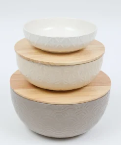 Inspire Me! Home Decor Set Of 3 Ceramic Bowls With 2 Wood Lids
