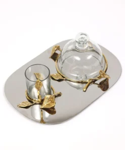 Inspire Me! Home Decor Silver Metal Oval Tray With Glass Mug & Cake Dome And Gold Leaf Details