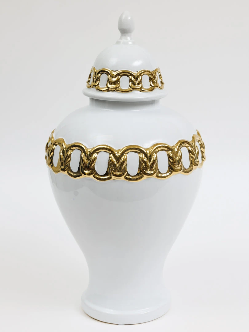 Inspire Me! Home Decor White Ceramic Ginger Jar With Stunning Gold Chain Details (3 Sizes)