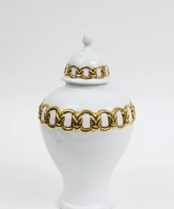 Inspire Me! Home Decor White Ceramic Ginger Jar With Stunning Gold Chain Details (3 Sizes)