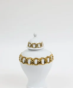 Inspire Me! Home Decor White Ceramic Ginger Jar With Stunning Gold Chain Details (3 Sizes)