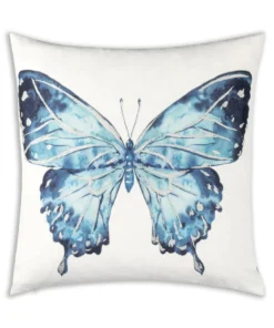 Cloud9d Ella - Digital Outdoor Printed Fabric Pillow In Blue Butterfly Print W/ Rose Gold Metallic Print - 18" X 18" PILLOWS, RUGS, & THROWS