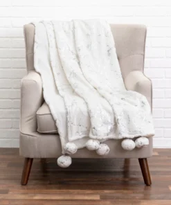 Cloud9d Rami - Faux Fur Throw W/ Silver Metallic Printing And Pom Pom Trim - 60" X 50"