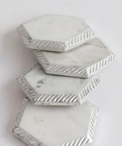 Inspire Me! Home Decor White Marble Hexagon Coasters W/ Silver Edge