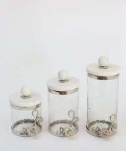 Inspire Me! Home Decor Gold Or Silver Metal Floral Glass Canisters With Marble Lid-With Metal Rim (3 Sizes) (2 Colors)