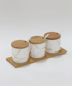 Inspire Me! Home Decor (Set Of 3) Metallic Gold Marble Print Spice Jars With Spoons And Wooden Lid With Tray