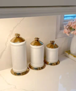 Inspire Me! Home Decor White Ceramic Jars With Gold Flower Lid (3 Sizes)