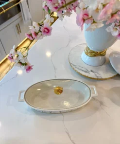 Inspire Me! Home Decor Oval Marble Print Platter With Glass Top & Gold Handle KITCHEN