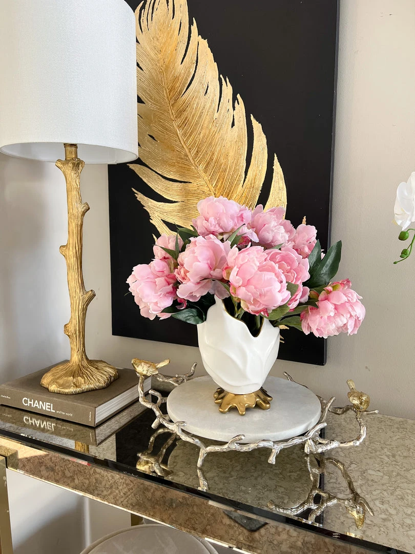 Inspire Me! Home Decor Round Marble Tray With Gold Branch & Bird Details