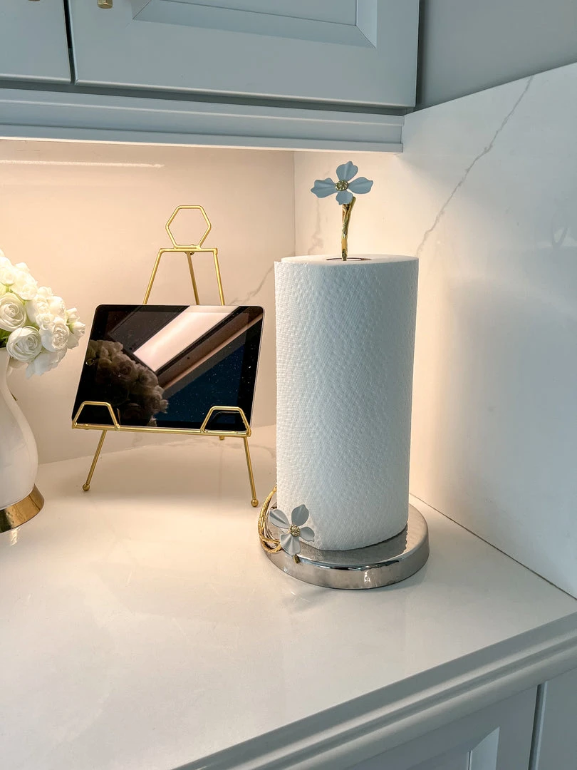 Inspire Me! Home Decor Gold Paper Towel Holder With White Jeweled Flower Details