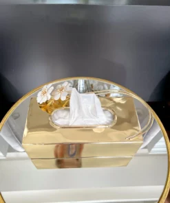 Inspire Me! Home Decor Gold Tissue Box Cover With White Jeweled Flower Details