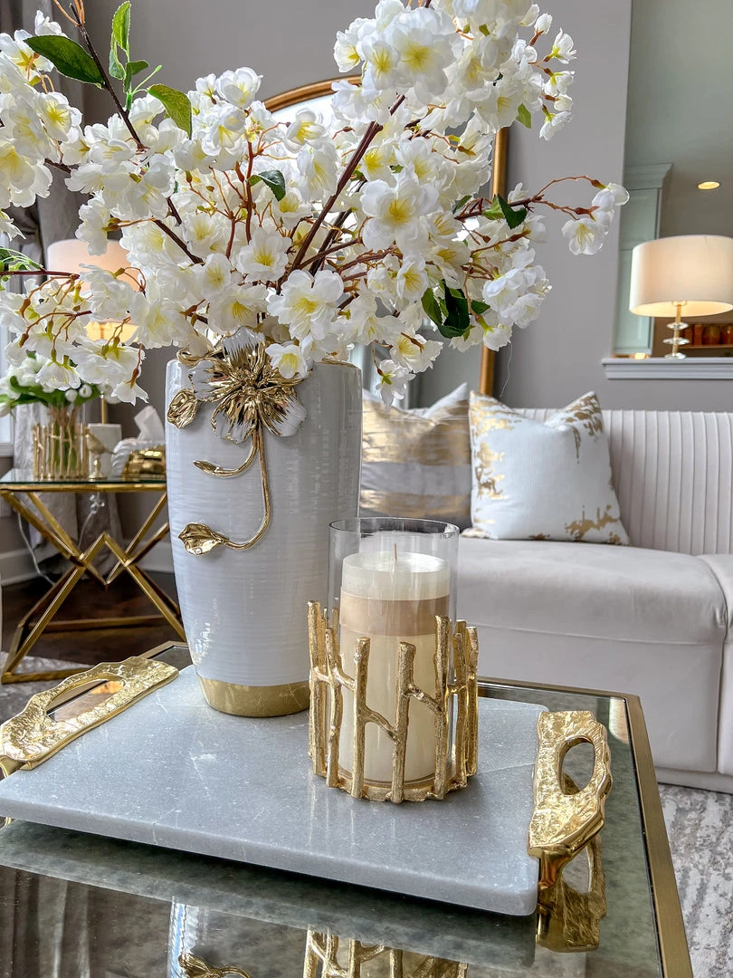 Inspire Me! Home Decor Glass Hurricane/Faux Floral Vase With Gold Twig Design (3 Sizes)