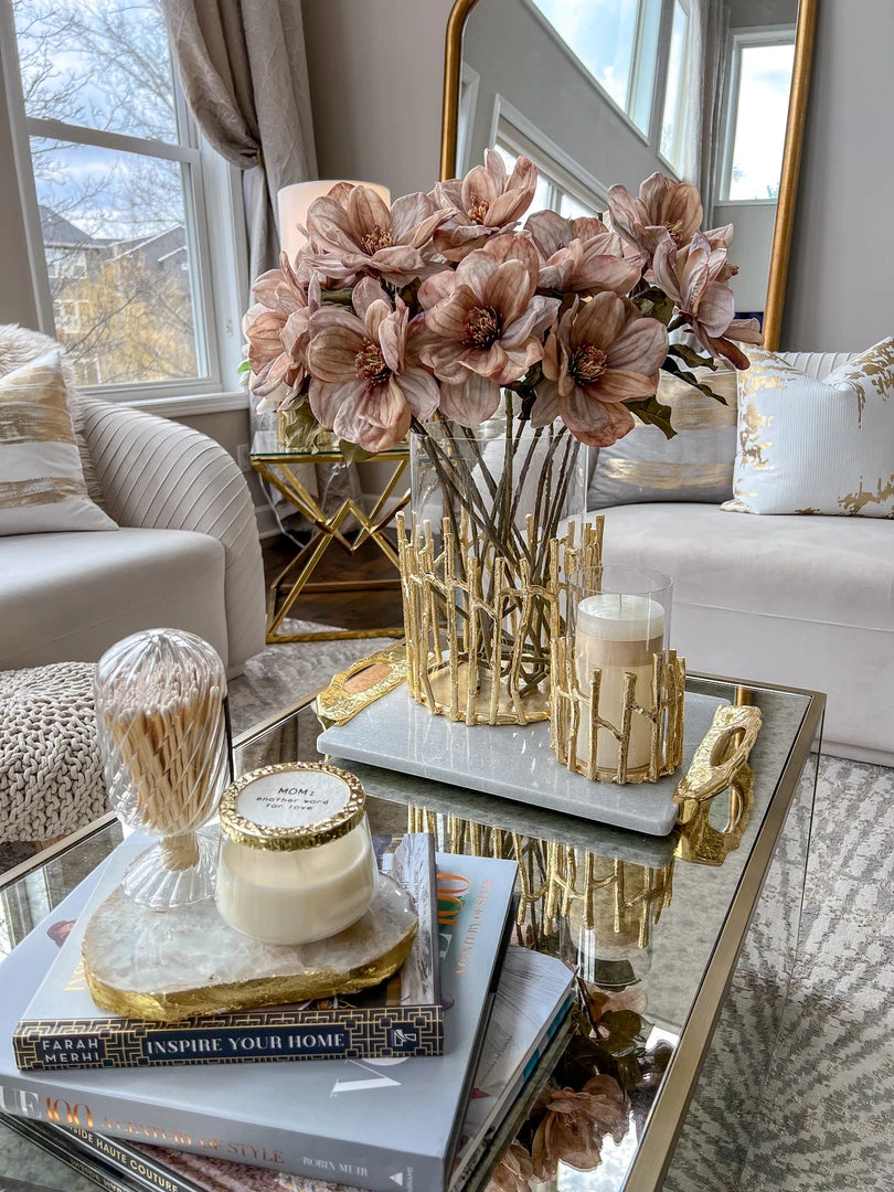 Inspire Me! Home Decor Glass Hurricane/Faux Floral Vase With Gold Twig Design (3 Sizes)