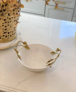 Inspire Me! Home Decor White Ceramic Bowl With Gold Vine & Leaf Handles