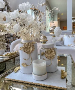 Inspire Me! Home Decor White Ceramic Jar With Gold Floral Design (3 Sizes)