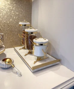 Inspire Me! Home Decor Rectangle Marble Tray With Gold Metal Handles And Gold Edge