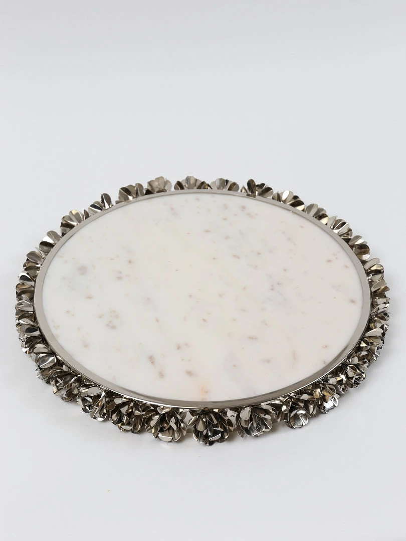 Inspire Me! Home Decor Round Marble Tray With Silver Floral Edge