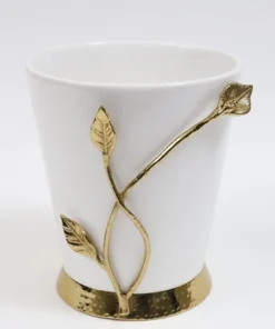 Inspire Me! Home Decor White Ceramic Utensil Holder With Gold Leaf Details & Base
