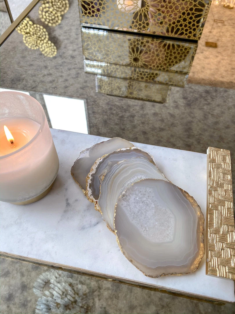 Inspire Me! Home Decor Beige Stone Agate Coasters W/ Gold Edge ( Set Of 4)