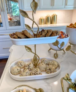 Inspire Me! Home Decor White Ceramic Two Tier Cake Stand With Gold Leaf Details