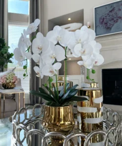 Inspire Me! Home Decor White Faux Orchid In Shiny Gold Pot "From Pops Of Color Home Collection" Floral Stems