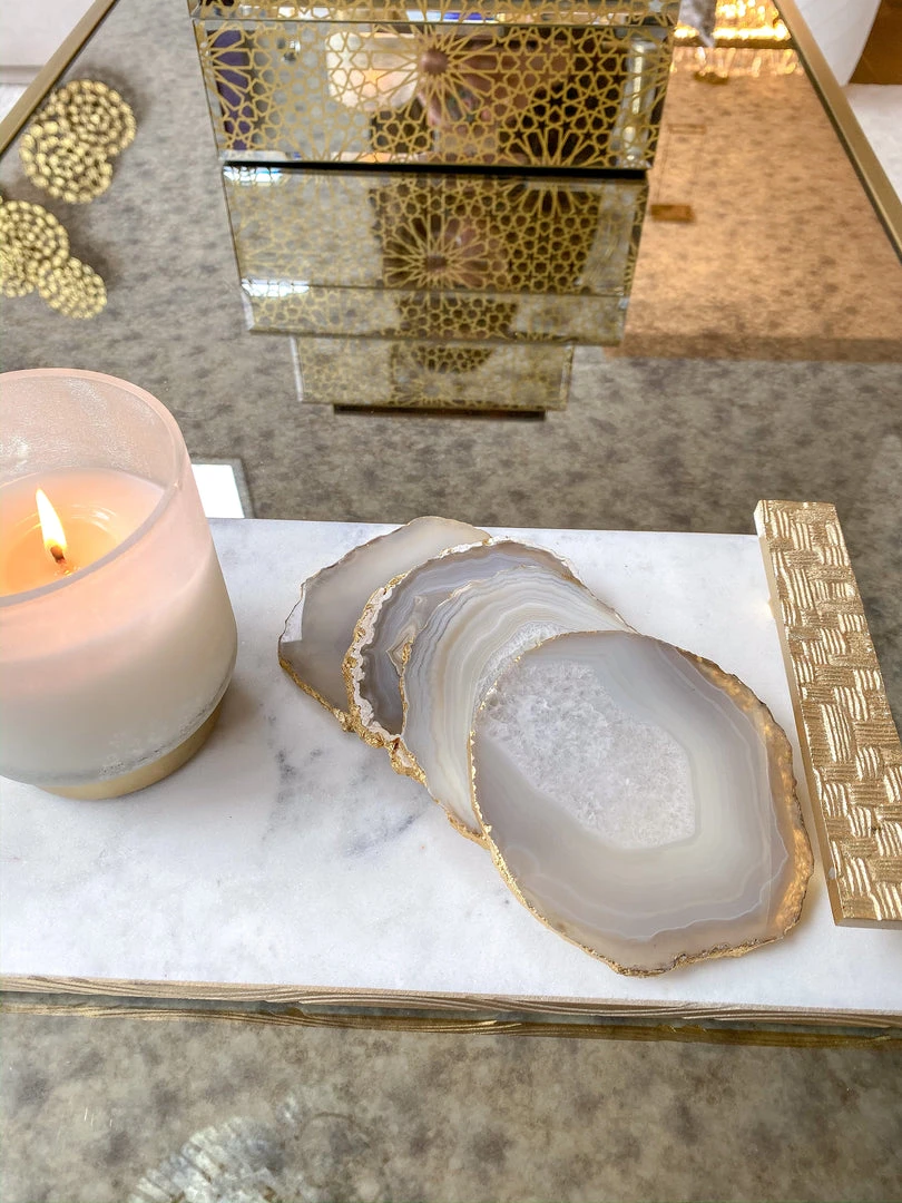 Inspire Me! Home Decor Beige Stone Agate Coasters W/ Gold Edge ( Set Of 4)