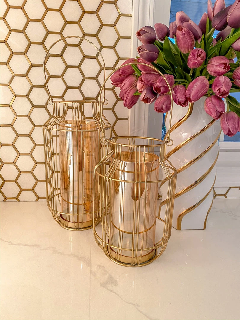 Inspire Me! Home Decor Gold Lantern W/ Amber Glass