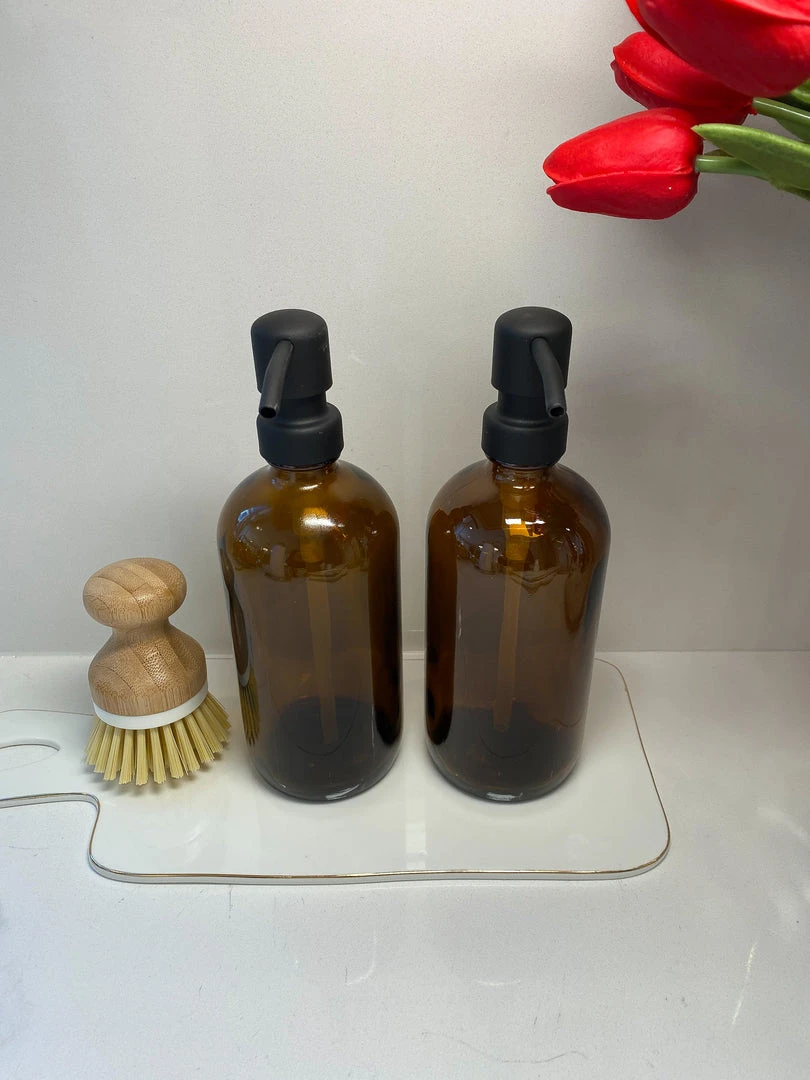 Inspire Me! Home Decor Amber Glass Soap Dispenser W/ Matte Black Finish Pump KITCHEN