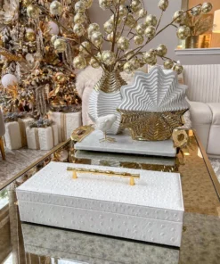 Inspire Me! Home Decor White Faux Leather Lidded Box With Gold Handle