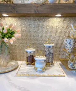 Inspire Me! Home Decor Marble And Gold Metal Leaf Branch Canisters- With Metal Rim (3 Sizes)