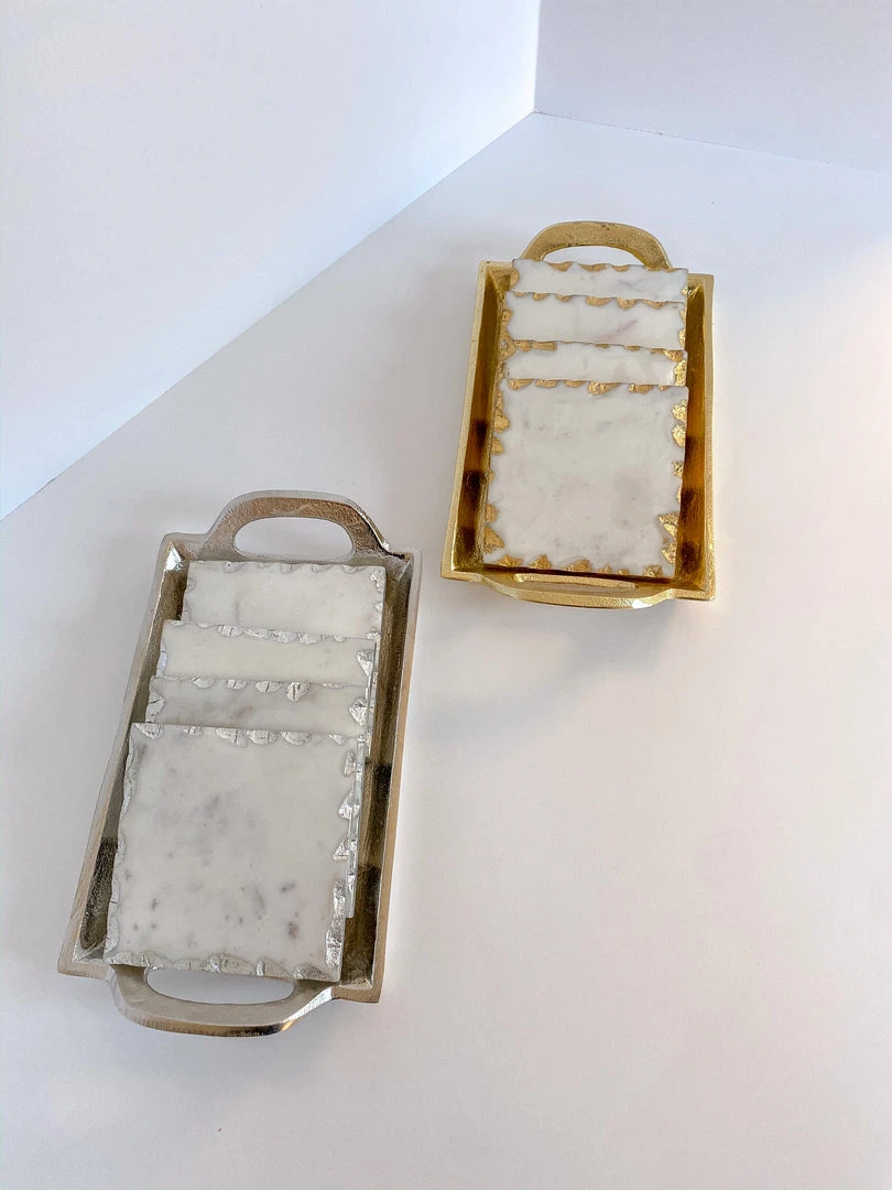 Inspire Me! Home Decor Marble Coasters W/ Silver Trim And Tray Set