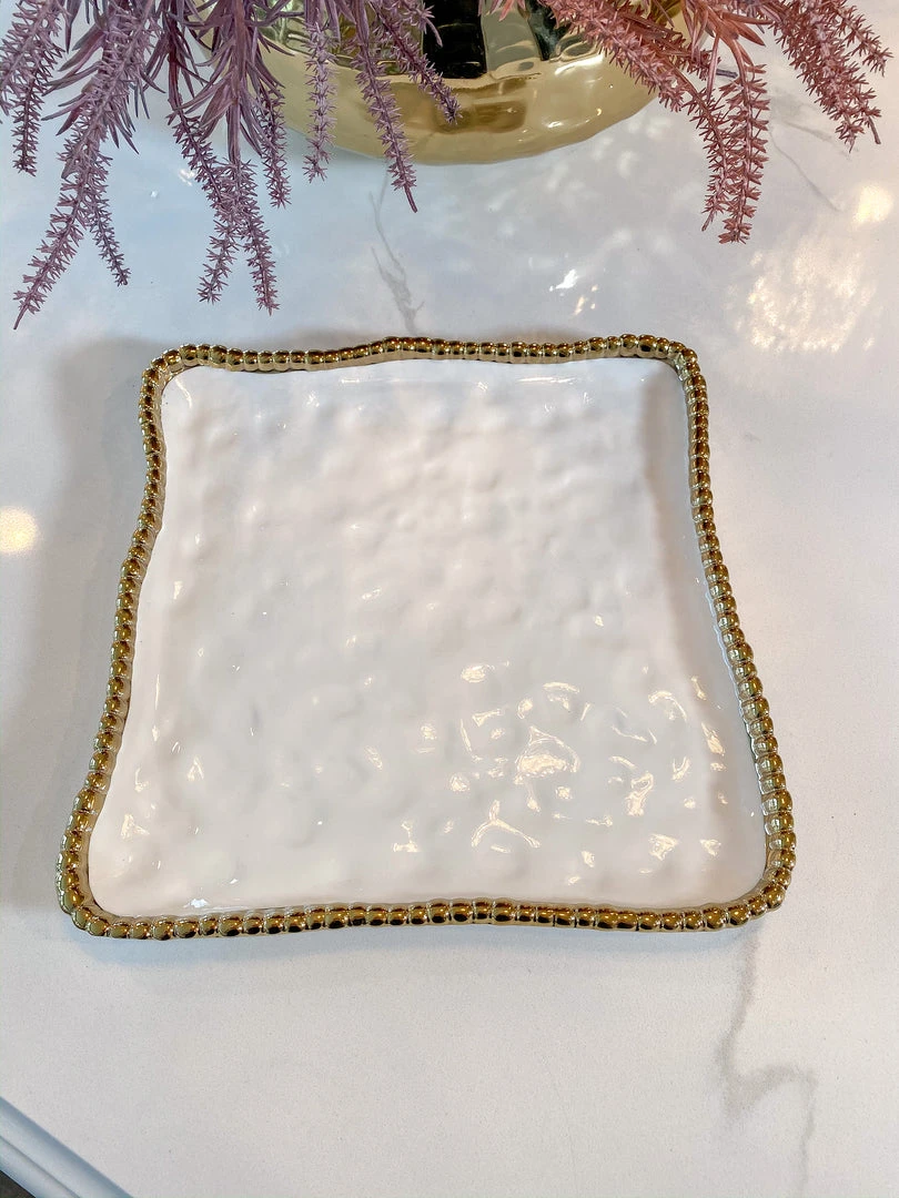 Inspire Me! Home Decor Gold And White Beaded Square Platter