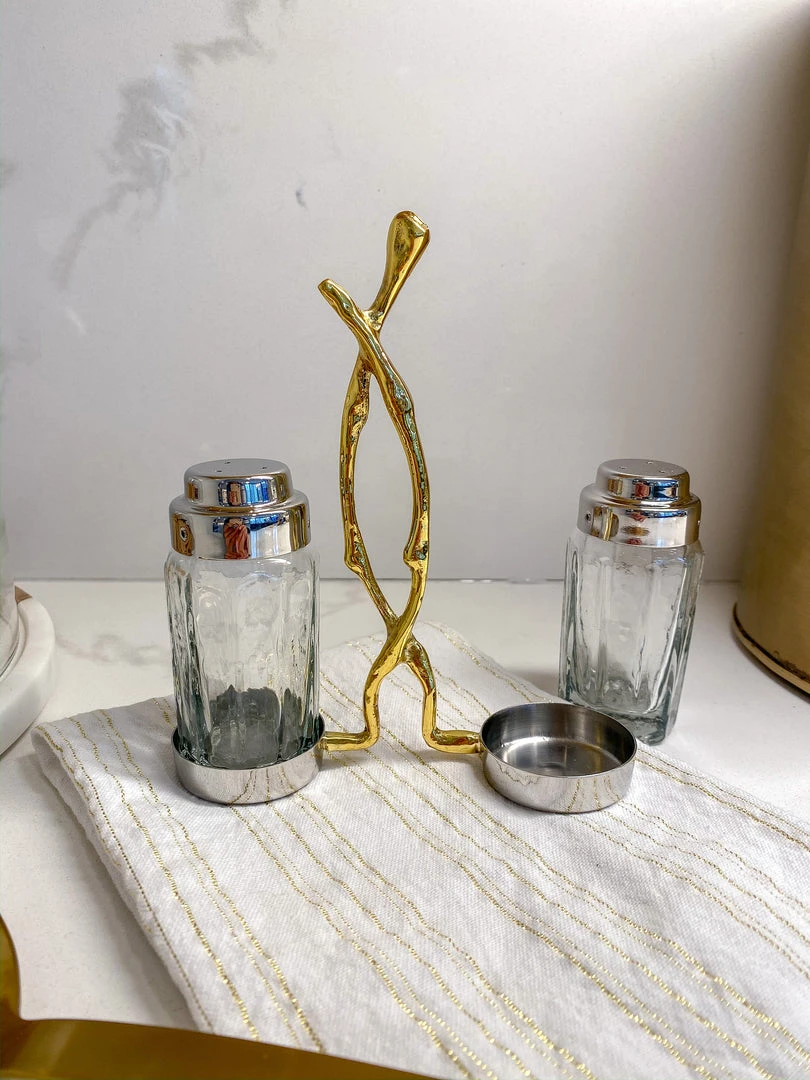 Inspire Me! Home Decor Glass Salt & Pepper Shakers W/ Gold Metal Branch Holder