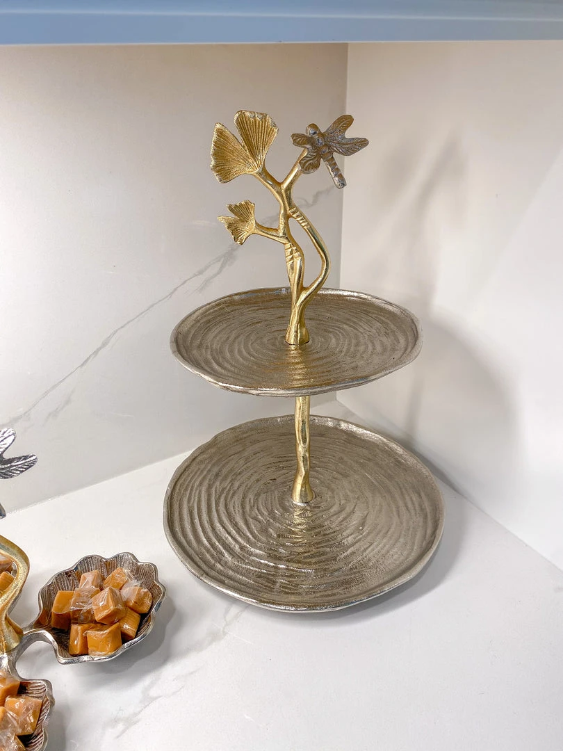 Inspire Me! Home Decor Gold Two-Tone Dragonfly Cake Stand