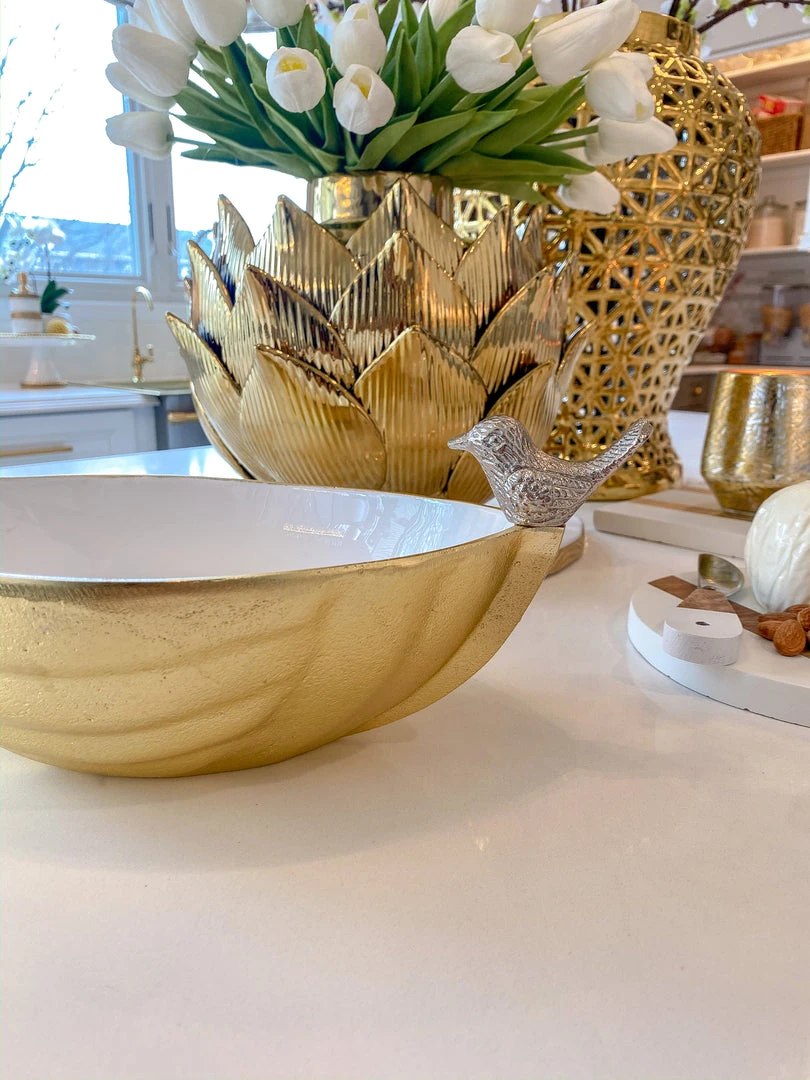 Inspire Me! Home Decor Gold Metal Bird Bowl With White Enameled