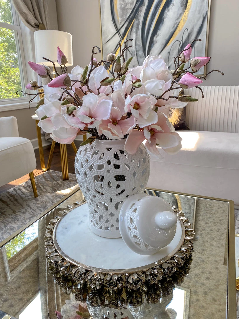 Inspire Me! Home Decor Round Marble Tray With Silver Floral Edge