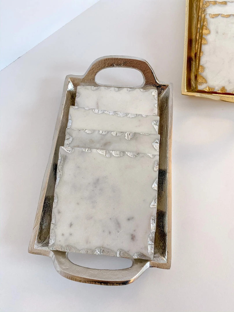 Inspire Me! Home Decor Marble Coasters W/ Silver Trim And Tray Set