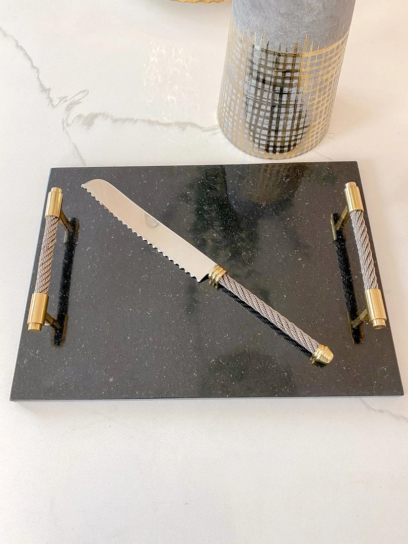 Inspire Me! Home Decor Black Marble Tray W/ Coil Handles And Knife