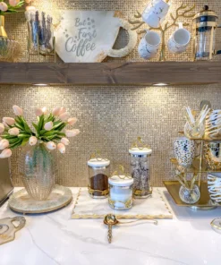 Inspire Me! Home Decor Marble And Gold Metal Leaf Branch Canisters- With Metal Rim (3 Sizes)