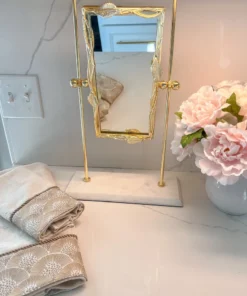 Inspire Me! Home Decor Gold Rectangle Table Mirror With Leaf Border Design And Marble Base