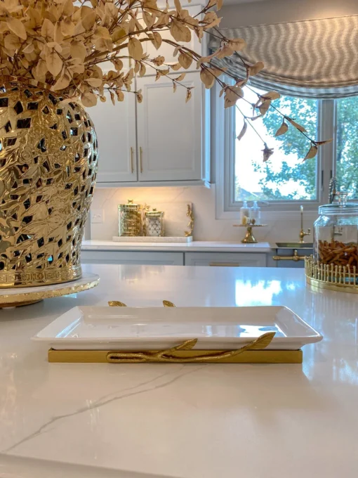 Inspire Me! Home Decor White Ceramic Tray With Gold Base And Leaf Detail