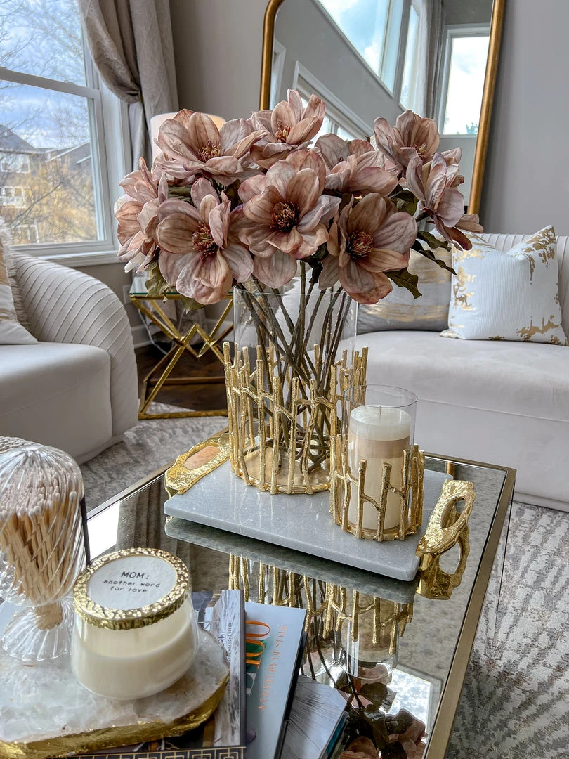 Inspire Me! Home Decor Glass Hurricane/Faux Floral Vase With Gold Twig Design (3 Sizes)